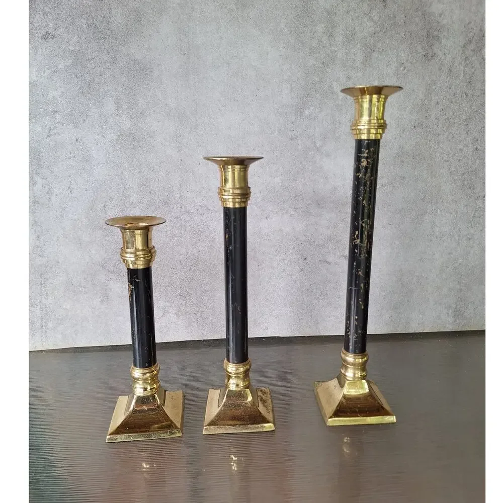 Vintage MCM brass Candlestick Holders set rustic farmhouse Shabby Chic painted